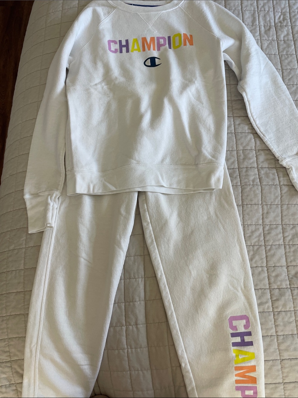 Champion White Sweatshirt and Joggers with Rainbow Logo